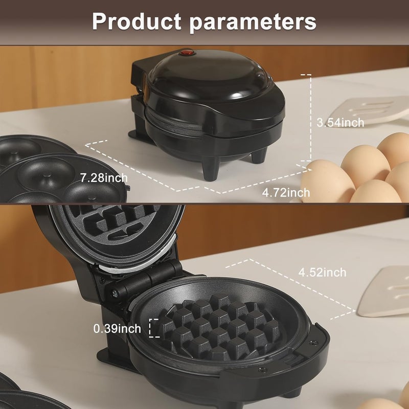 UVFAST Mini Waffles Maker with 6 Removable Plates, 3 in 1 Small Waffle Maker Mini- Waffle, Heart Waffle, Donut, 4.5" Non Stick Waffle Iron for Kids and Families, Black - Image 2